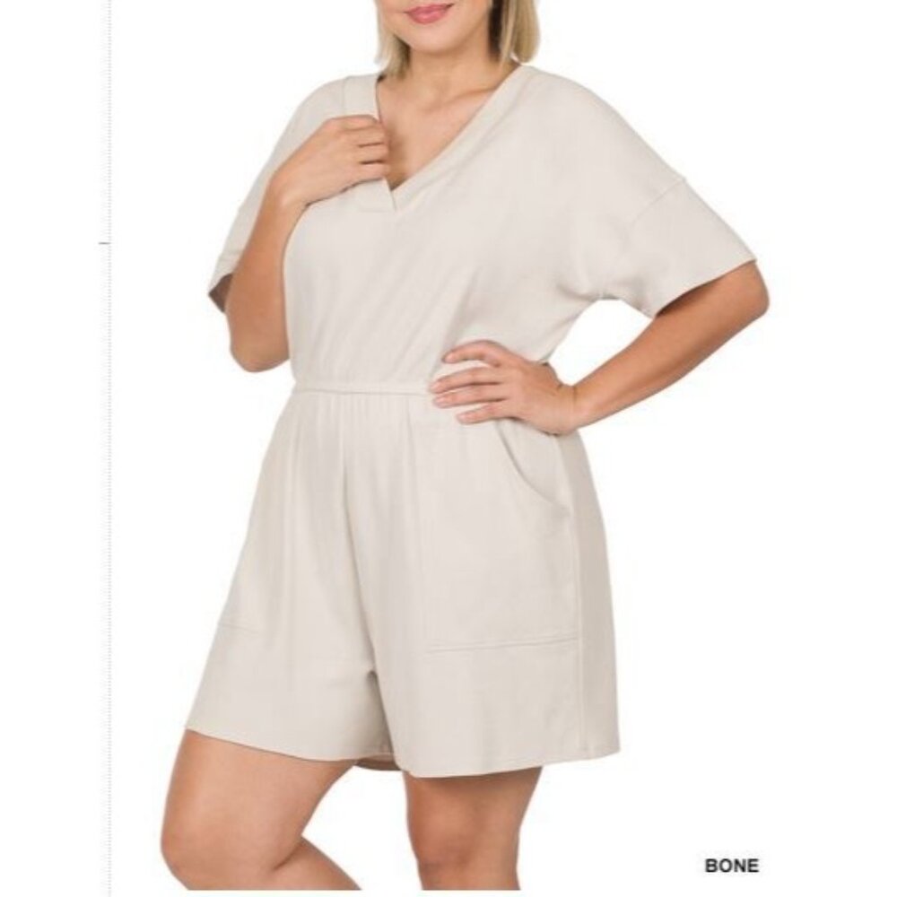 Zenana V-Neck Romper with Pockets. Cream. Woman's Plus Size 2X